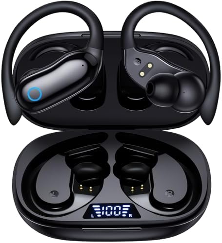 GNMN Active Noise Cancelling Ear Buds Wireless Earbuds 96hrs Playback Bluetooth Headphones Dual Battery Display Stereo Bass Earphones with Earhooks Microphone IPX7 Waterproof for Sports/Runing/Workout